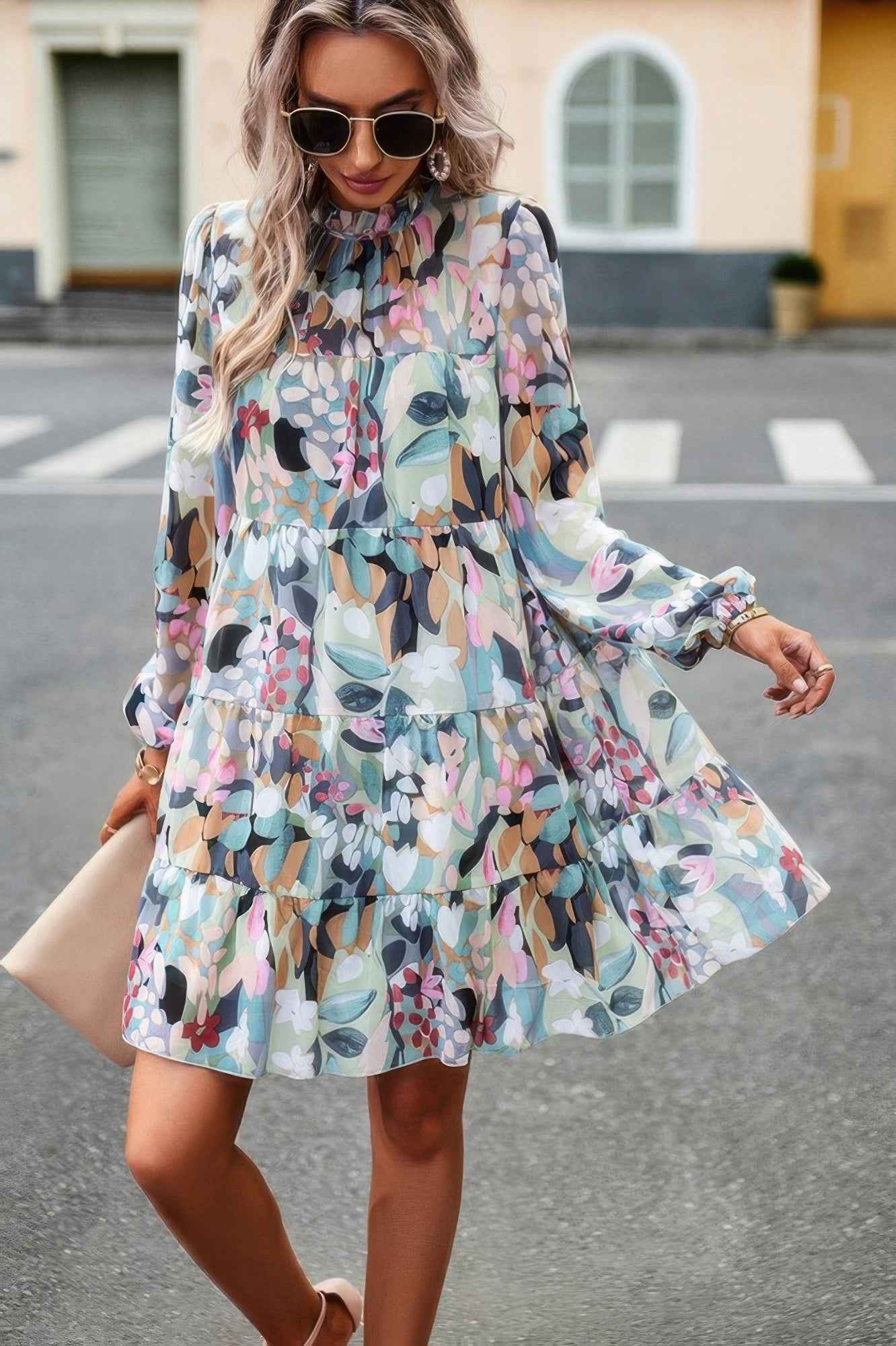 Color Block Hem Ruffle Printing Loose Fit Midi Dress