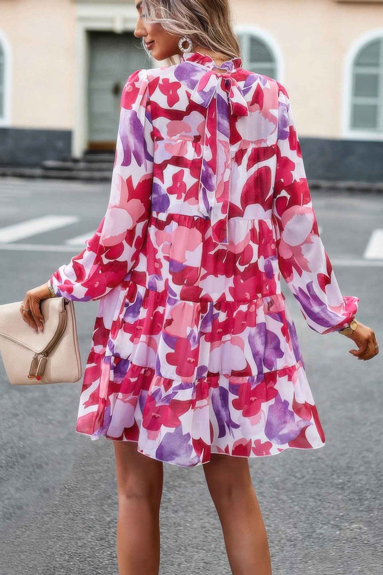 Color Block Hem Ruffle Printing Loose Fit Midi Dress