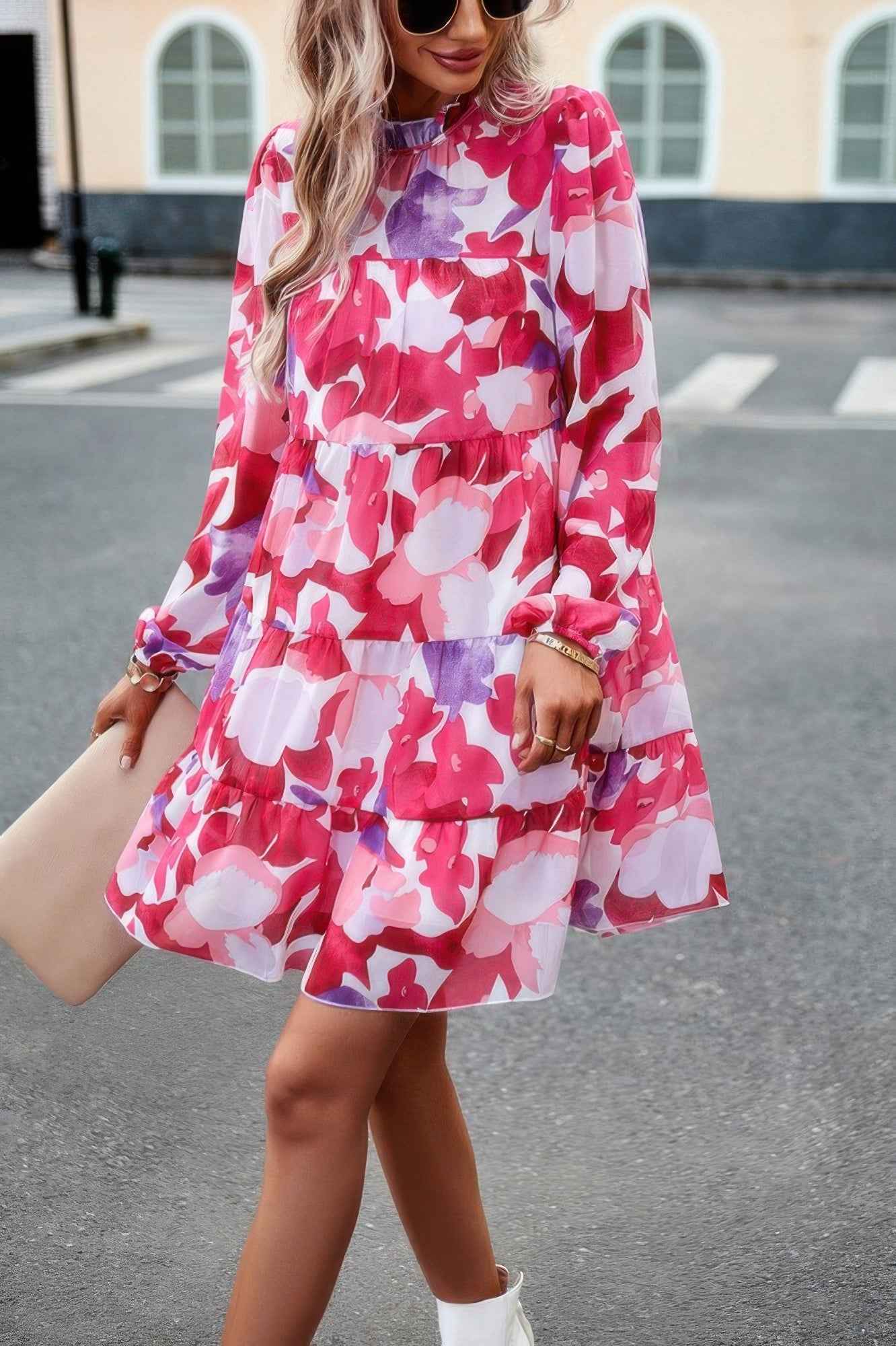 Color Block Hem Ruffle Printing Loose Fit Midi Dress