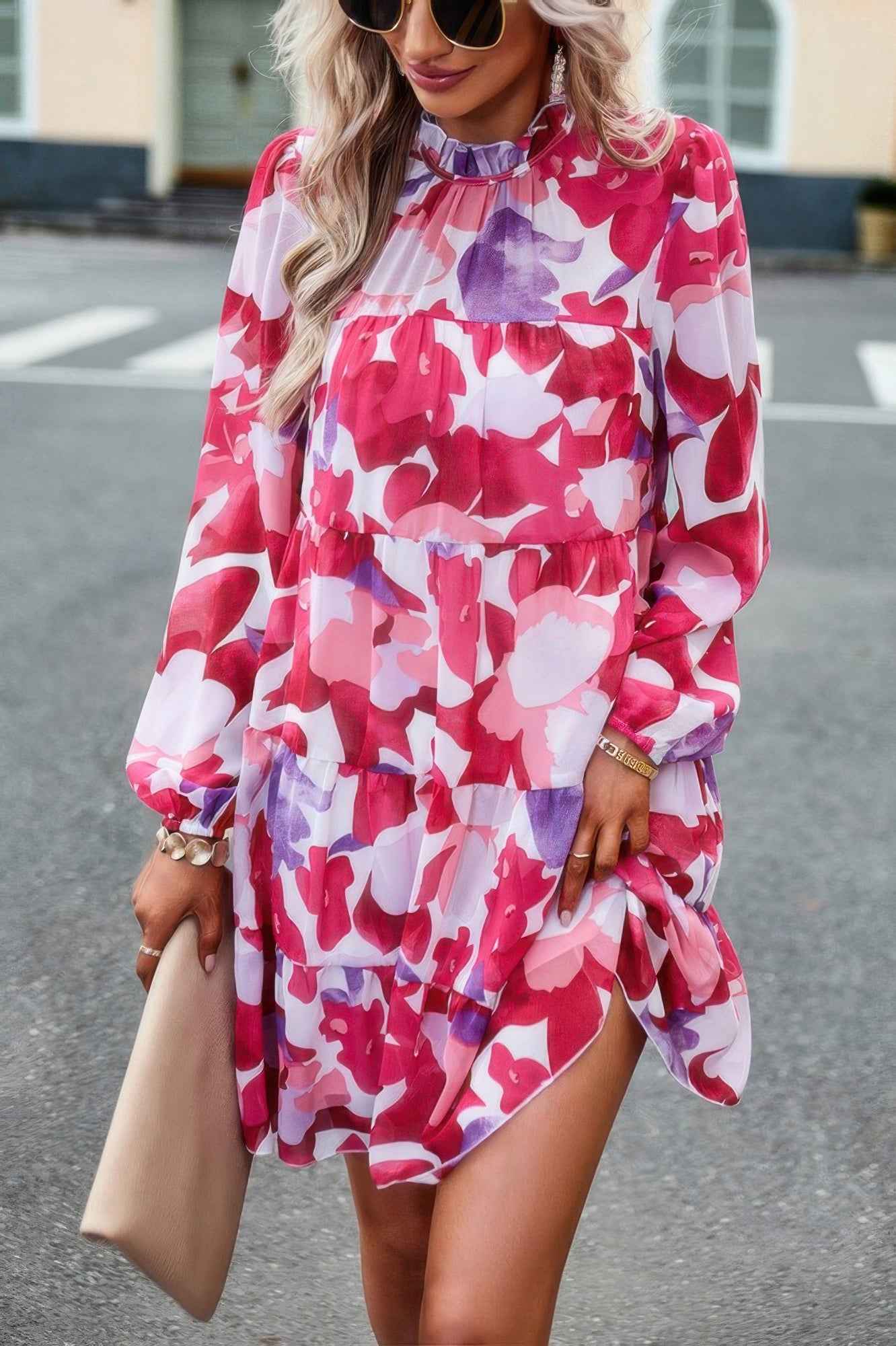 Color Block Hem Ruffle Printing Loose Fit Midi Dress