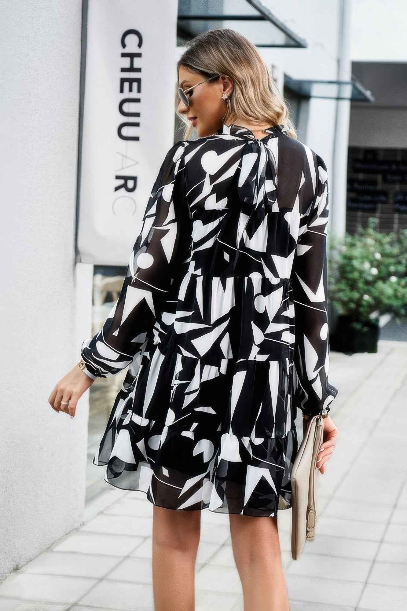 Color Block Hem Ruffle Printing Loose Fit Midi Dress
