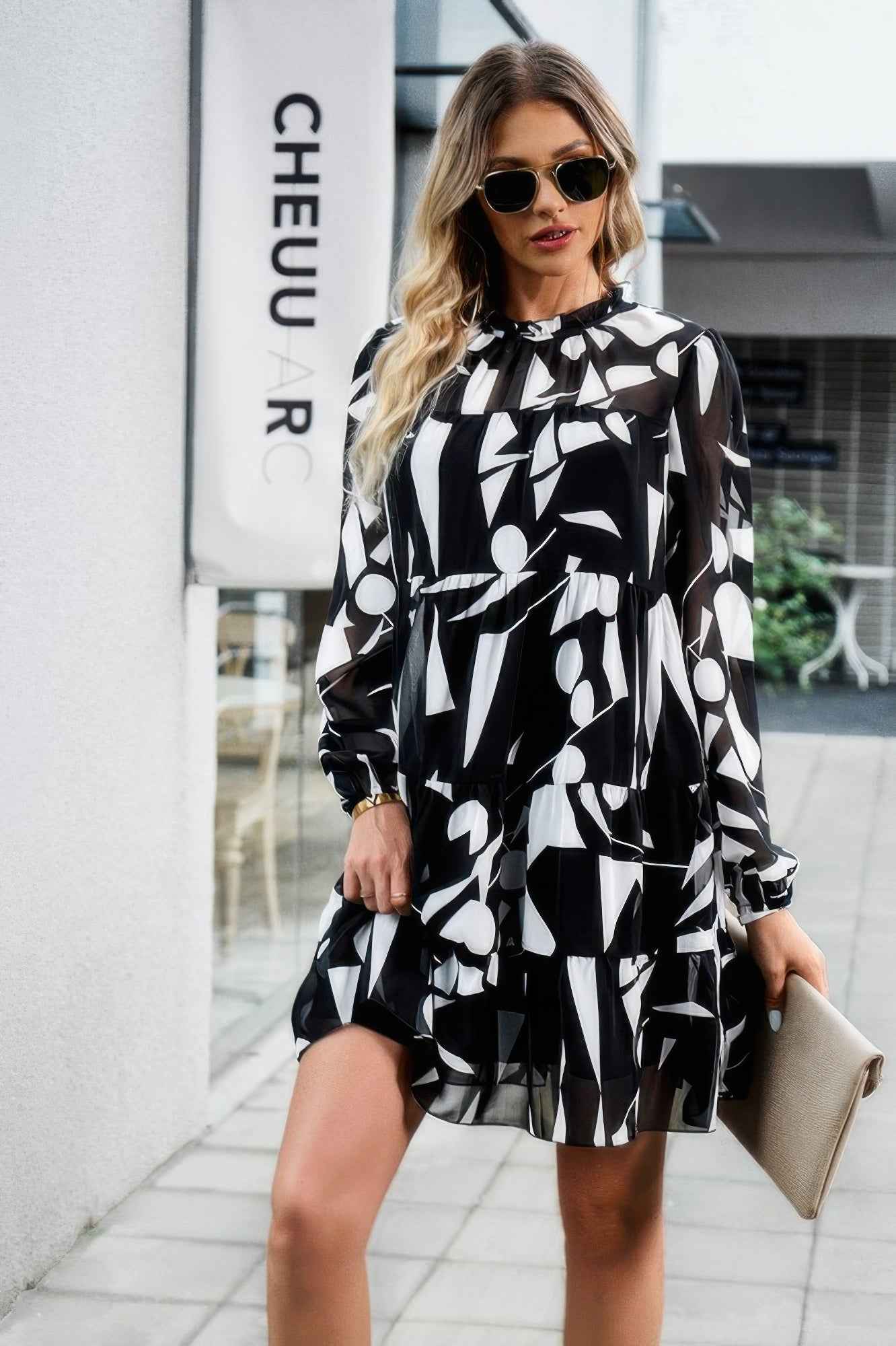 Color Block Hem Ruffle Printing Loose Fit Midi Dress