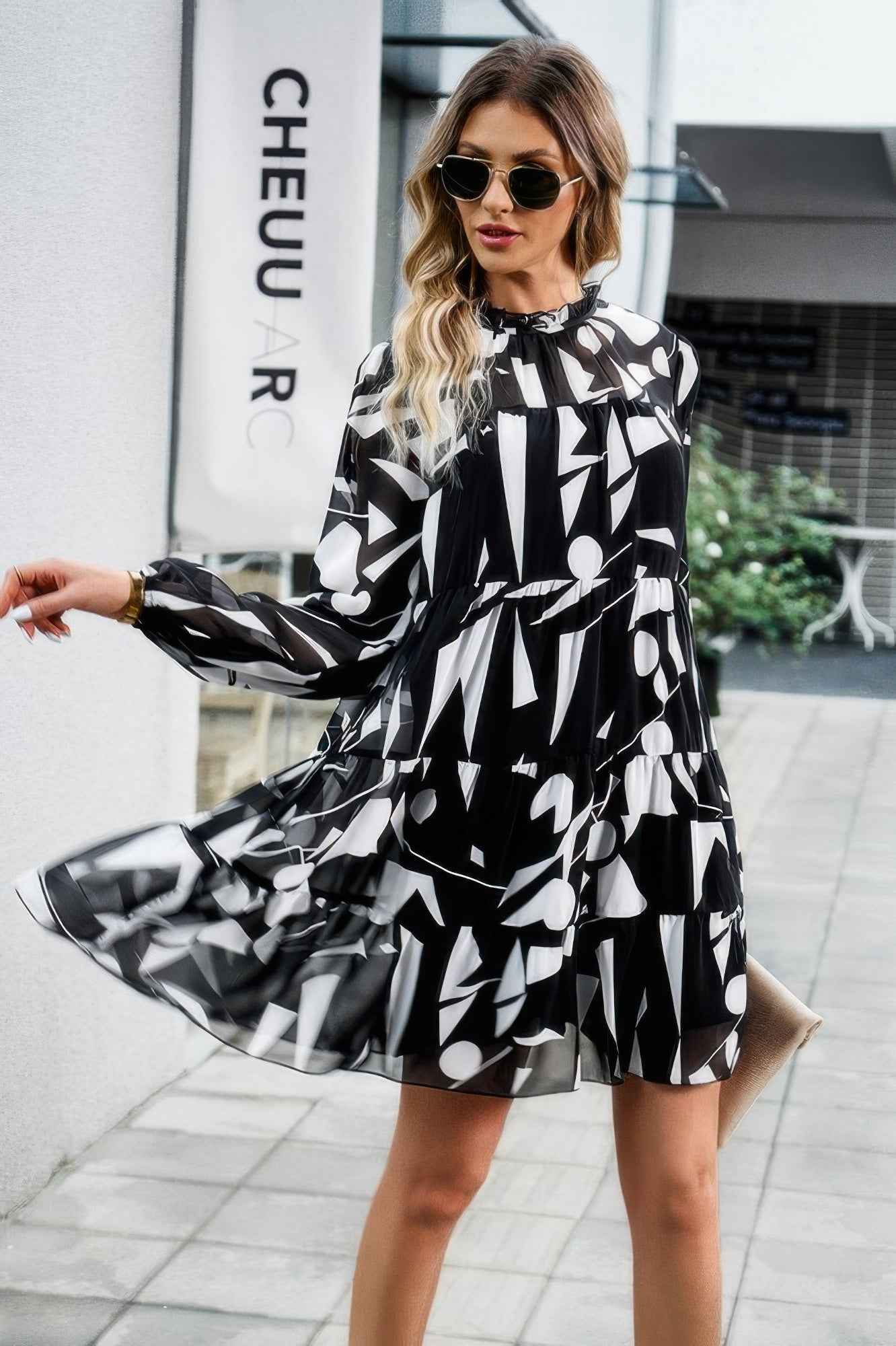 Color Block Hem Ruffle Printing Loose Fit Midi Dress