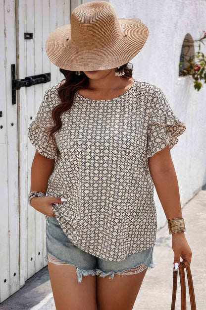Round Neck Allover Print Ruffle Sleeves Loose Top