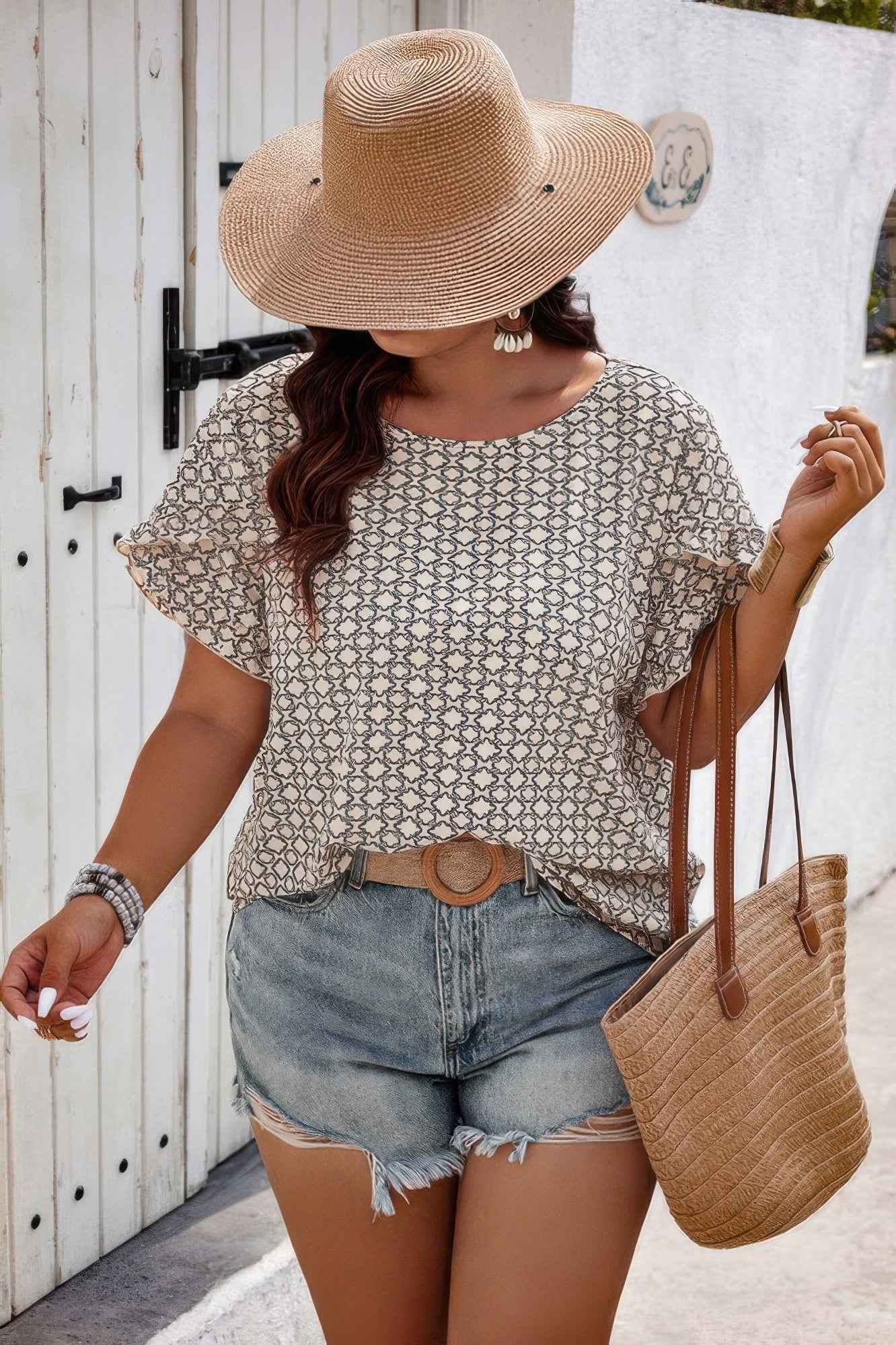 Round Neck Allover Print Ruffle Sleeves Loose Top