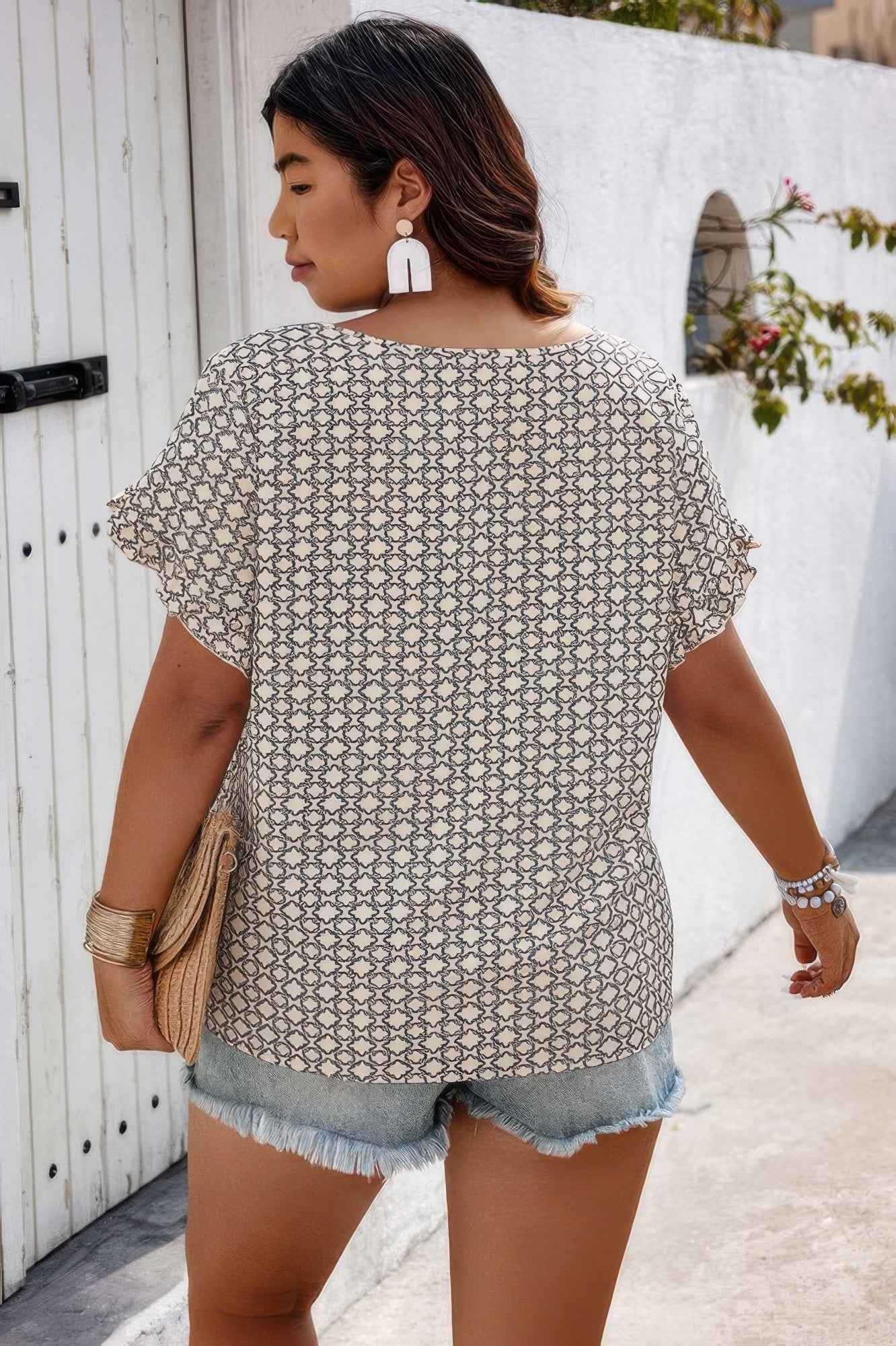 Round Neck Allover Print Ruffle Sleeves Loose Top