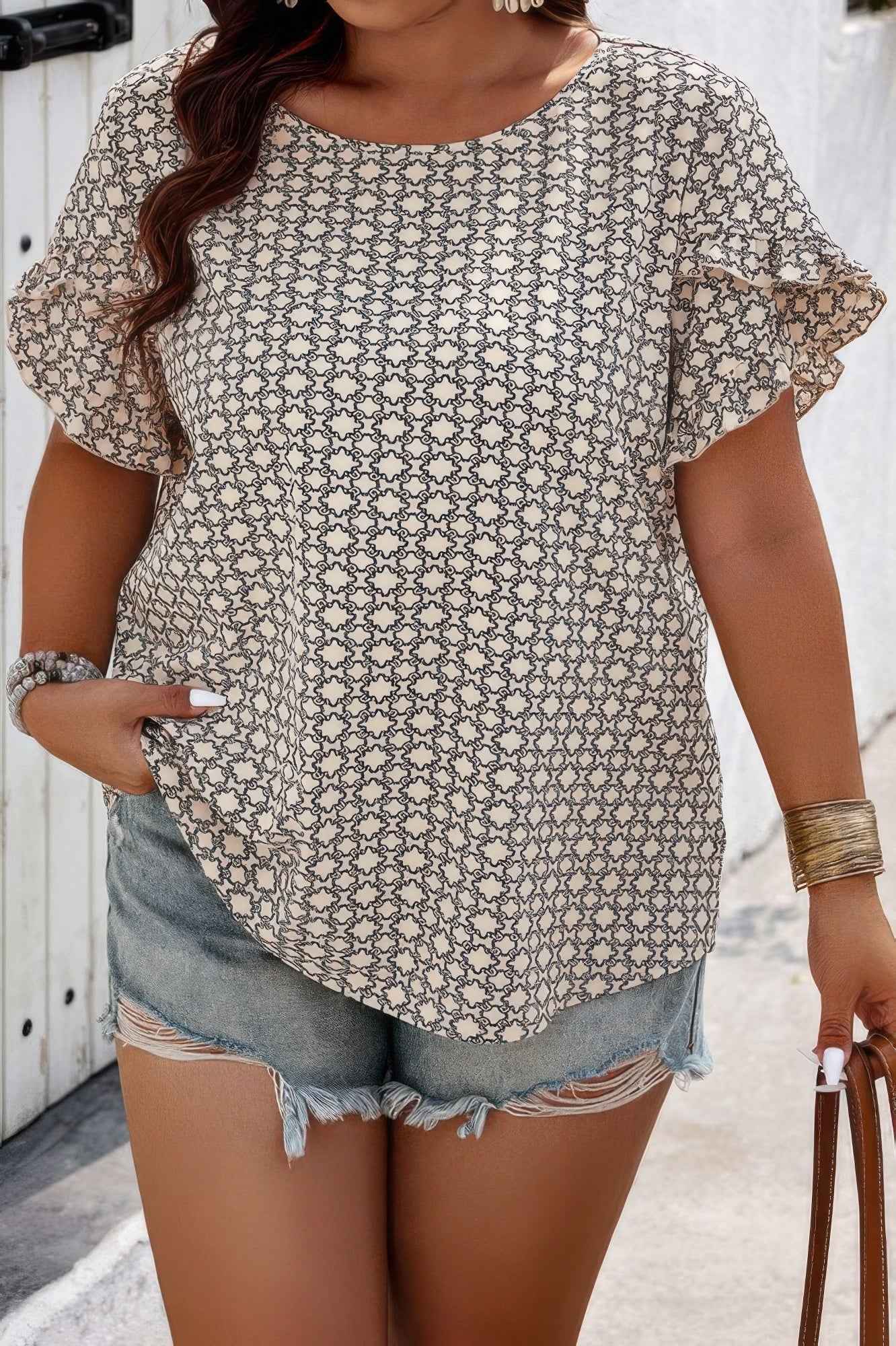 Round Neck Allover Print Ruffle Sleeves Loose Top