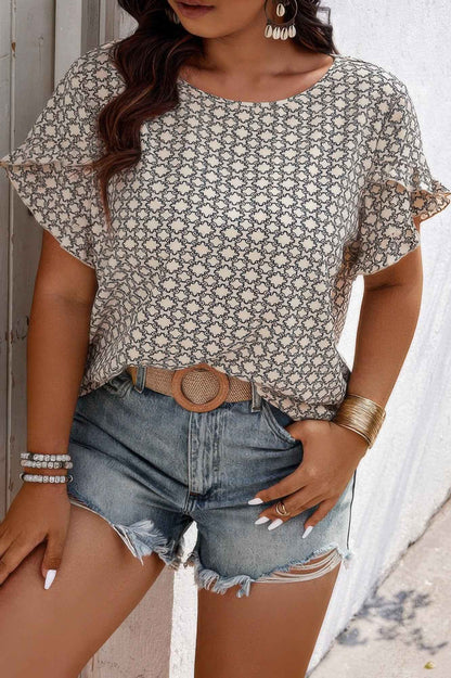 Round Neck Allover Print Ruffle Sleeves Loose Top