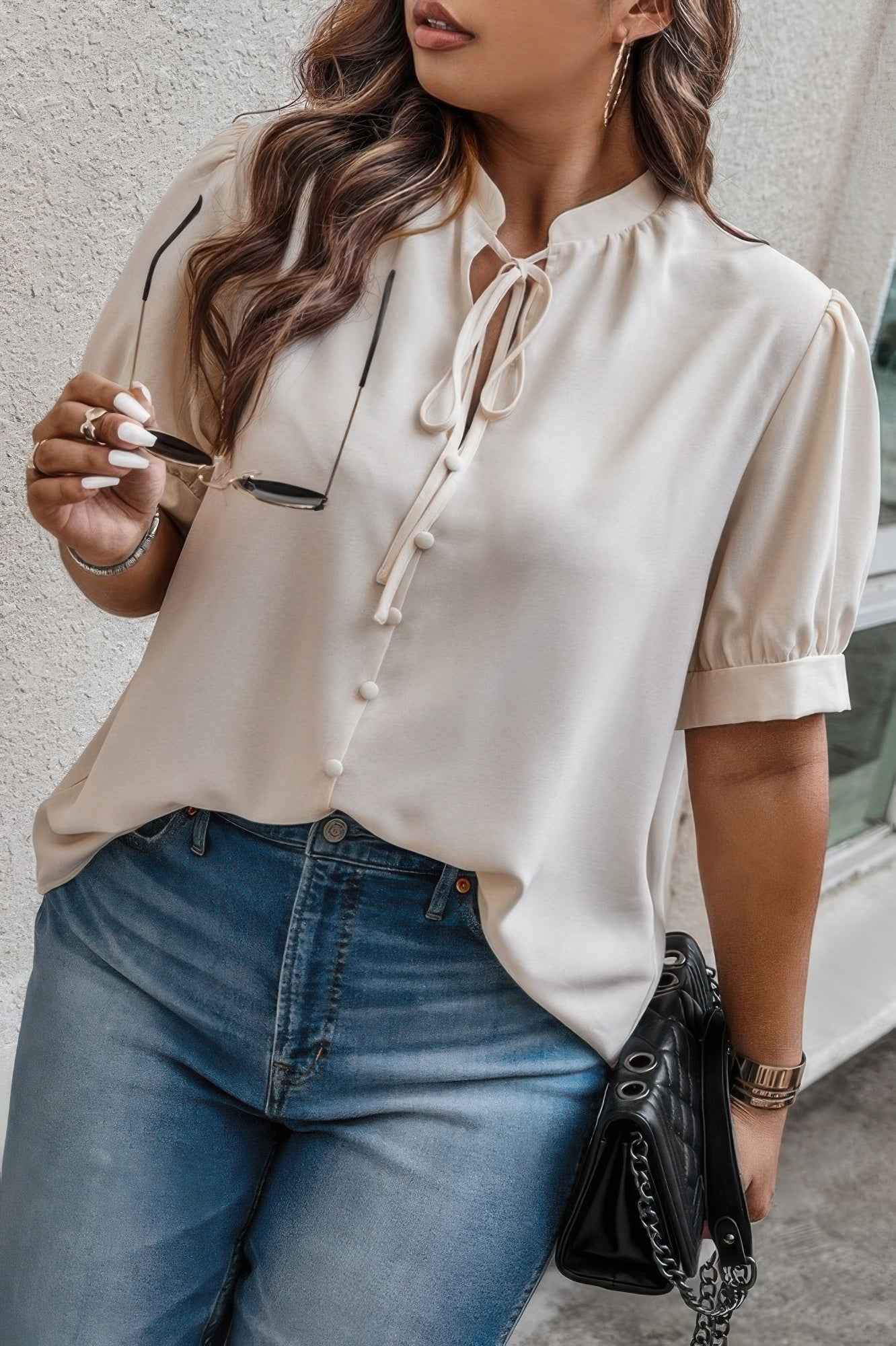 Plus Size Cross Neck Puff Sleeves Solid Button Top