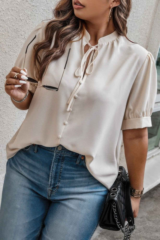 Plus Size Cross Neck Puff Sleeves Solid Button Top