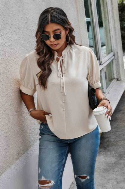 Plus Size Cross Neck Puff Sleeves Solid Button Top
