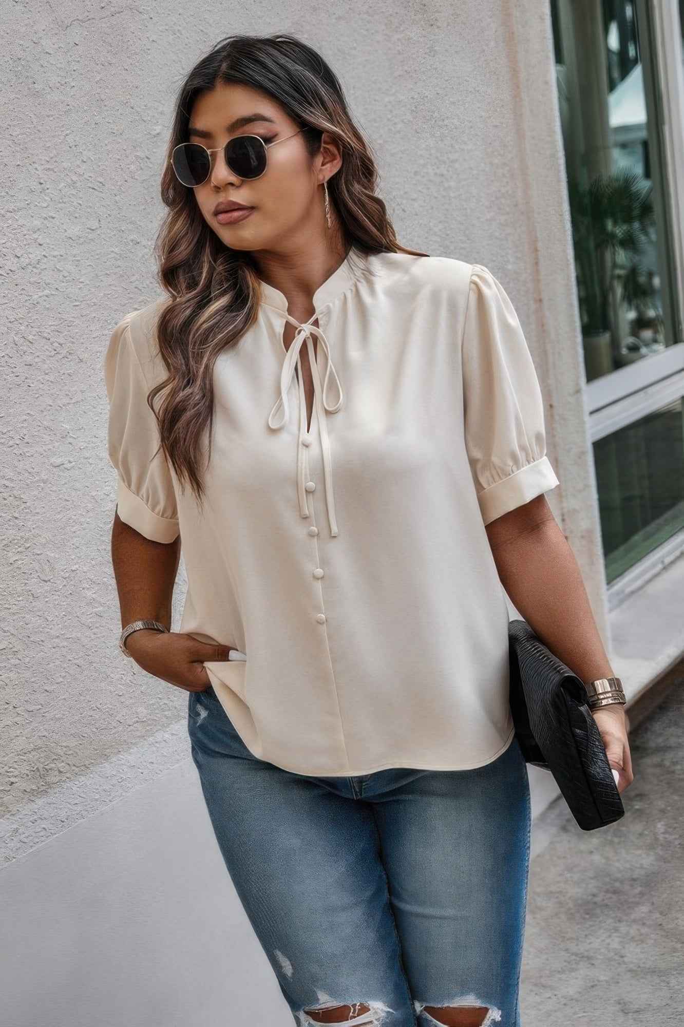 Plus Size Cross Neck Puff Sleeves Solid Button Top