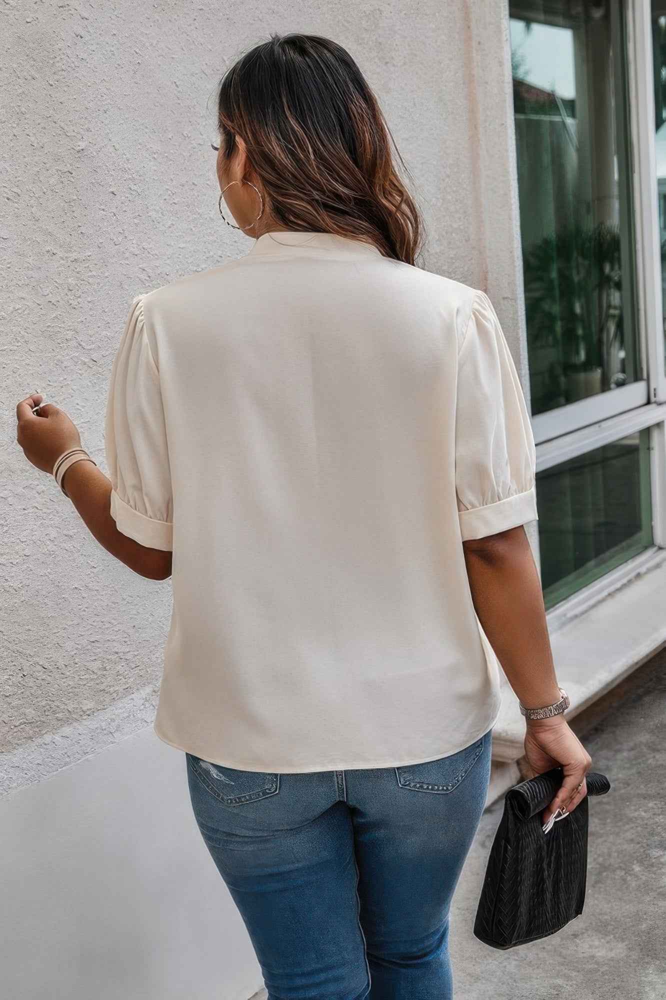 Plus Size Cross Neck Puff Sleeves Solid Button Top