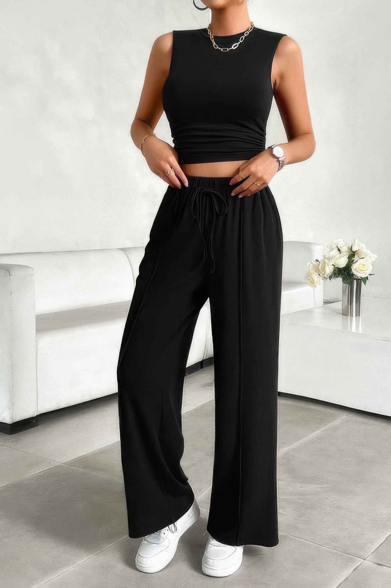 Solid Round Neck Sleeveless Drawstring Pockets Set