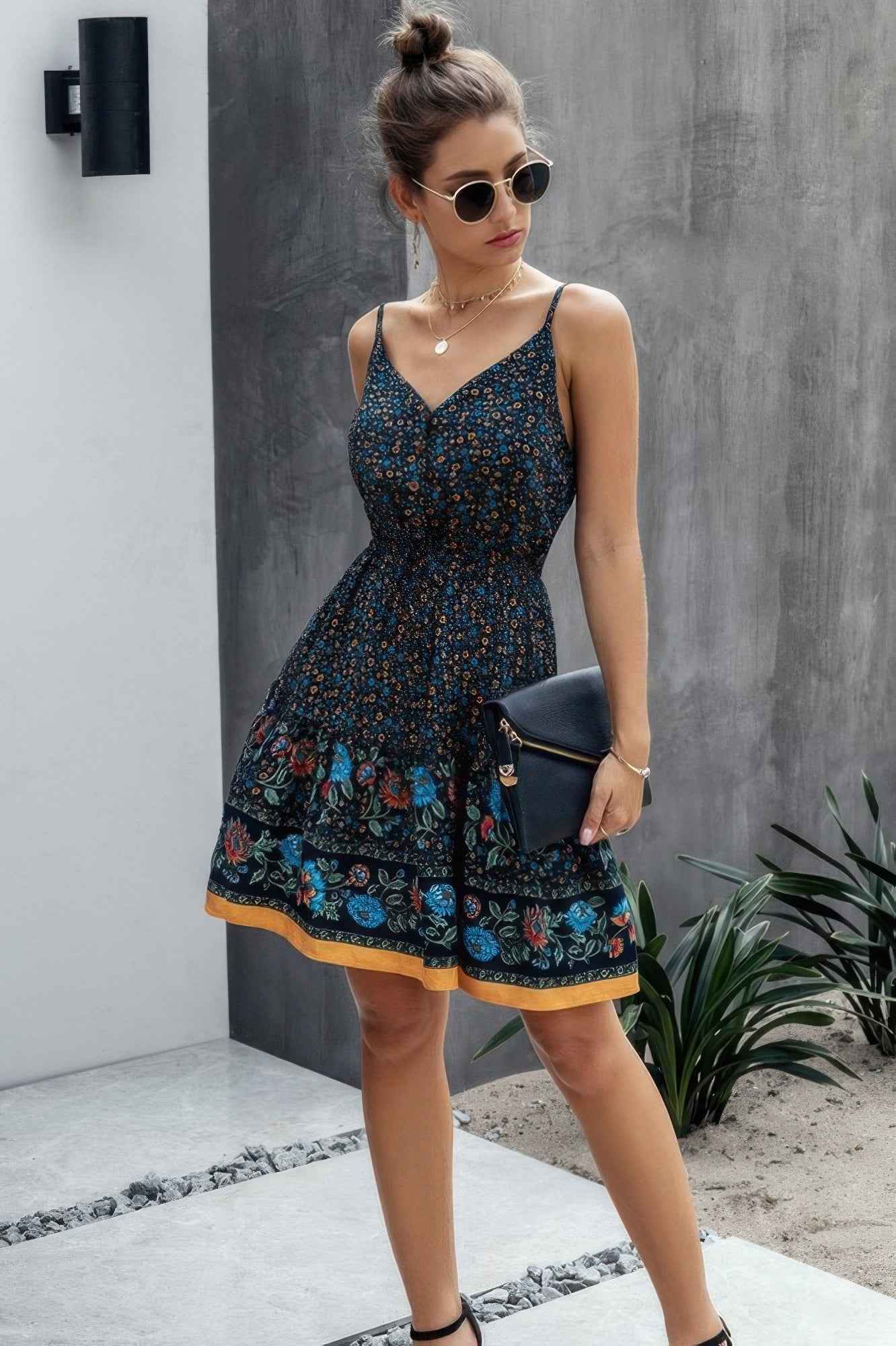 V Neck Floral Printed Mini Dress