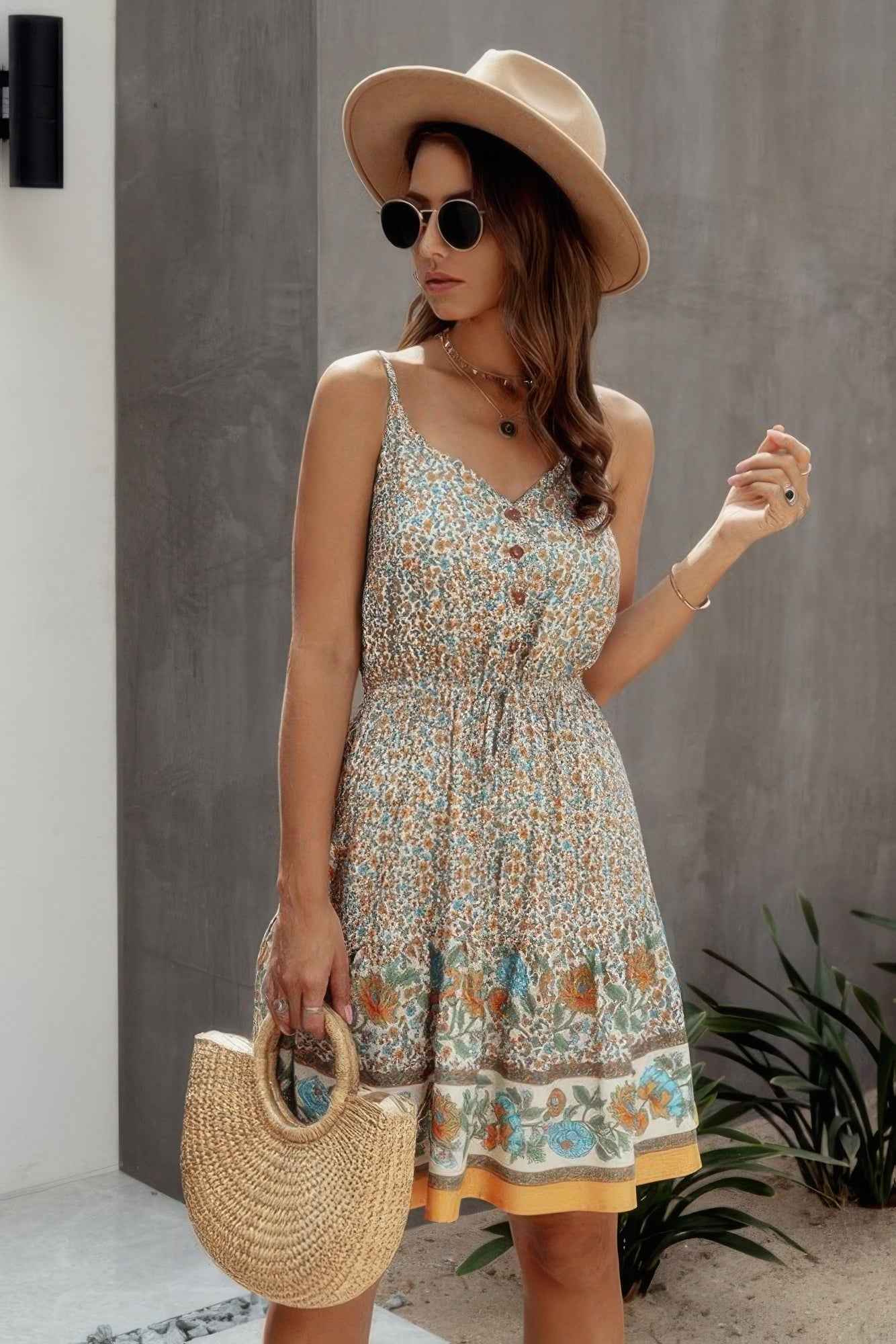 V Neck Floral Printed Mini Dress