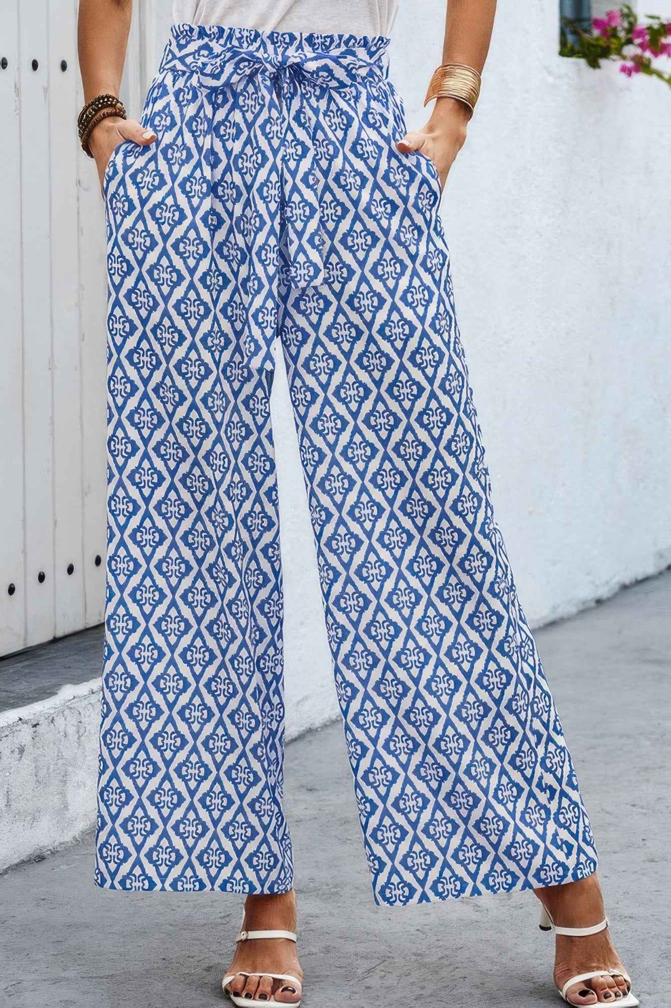 Elastic Waist Belt Pockets Wide Leg Pant