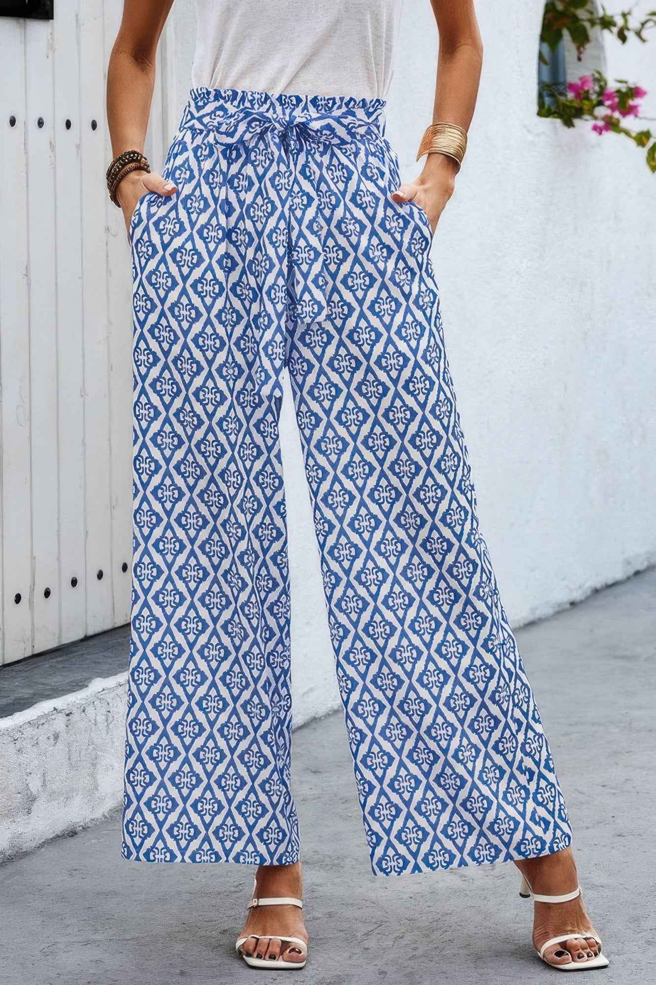 Elastic Waist Belt Pockets Wide Leg Pant