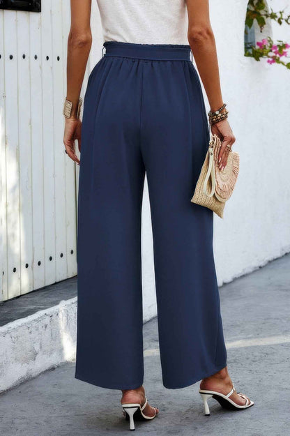 Elastic Waist Belt Pockets Wide Leg Pant