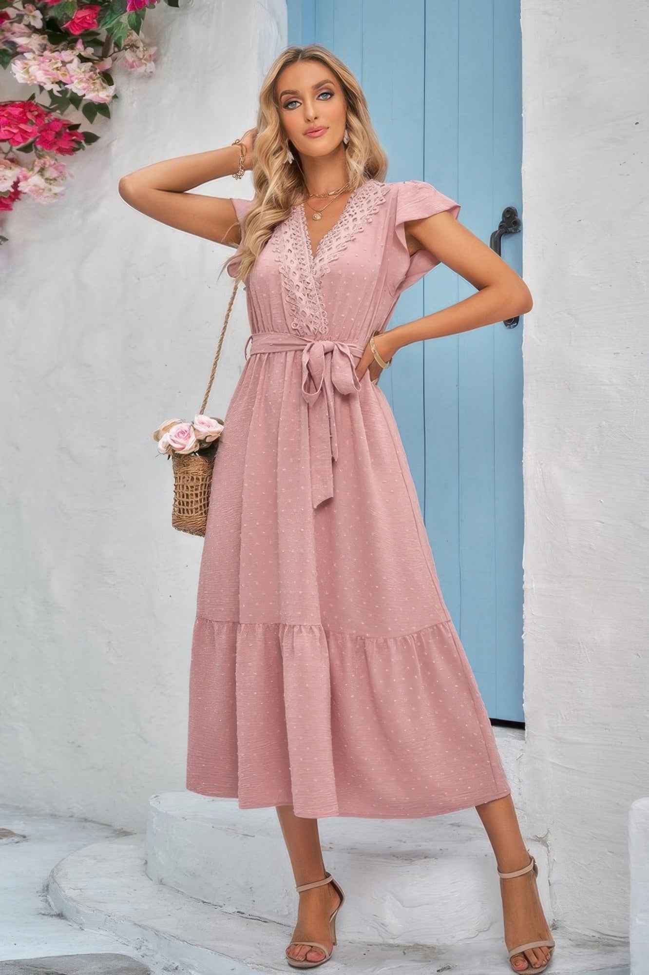 Solid Deep V Dot Lace Belt Long Dress