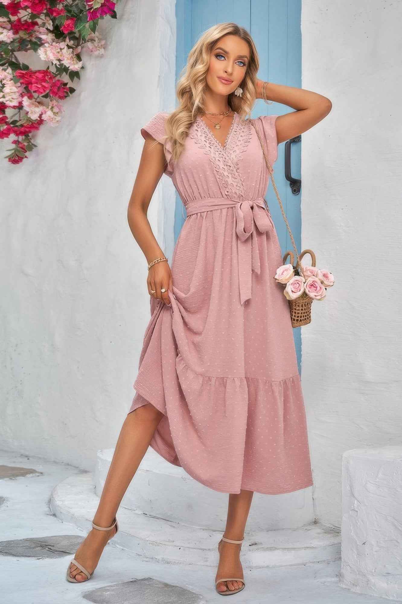 Solid Deep V Dot Lace Belt Long Dress