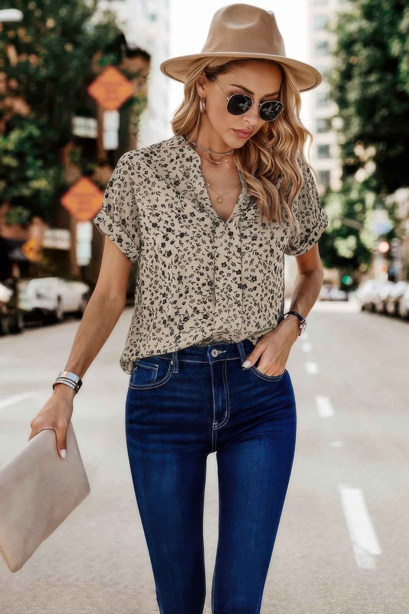 Floral Print V Neck Loose Fit Blouse