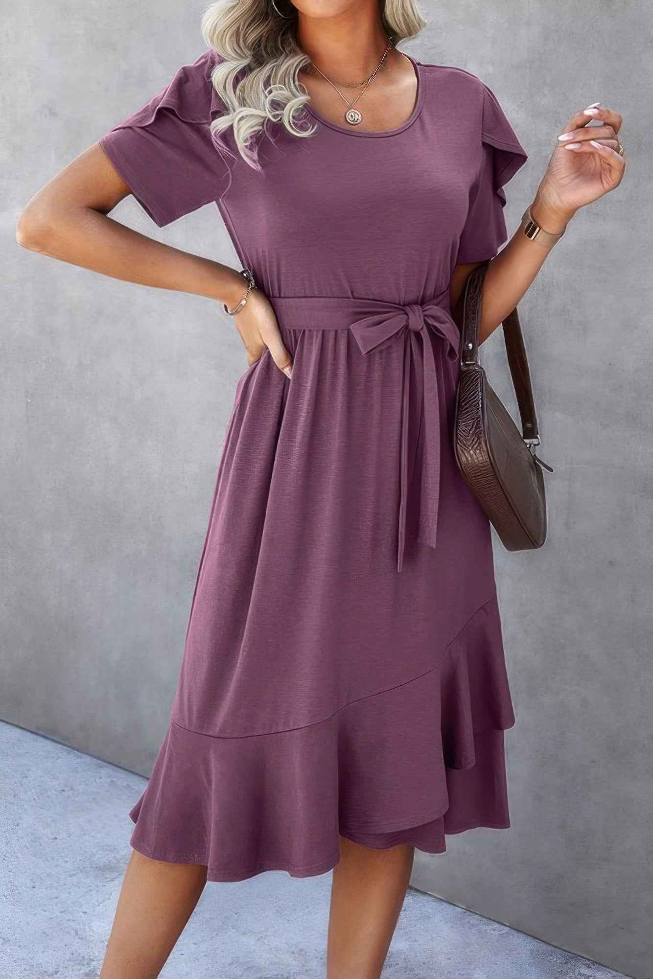 Scoop Neck Short Sleeve Solid Dress