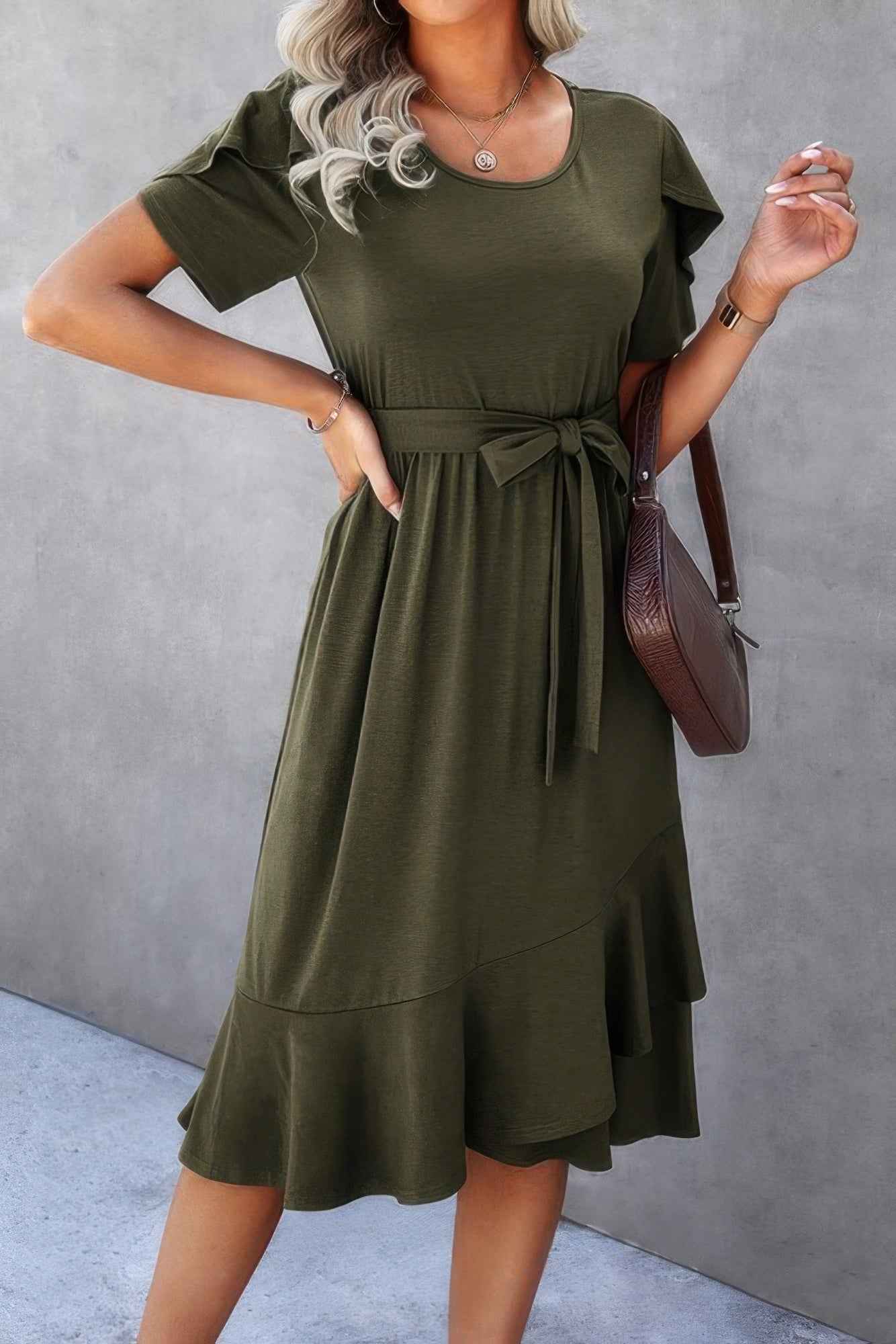 Scoop Neck Short Sleeve Solid Dress