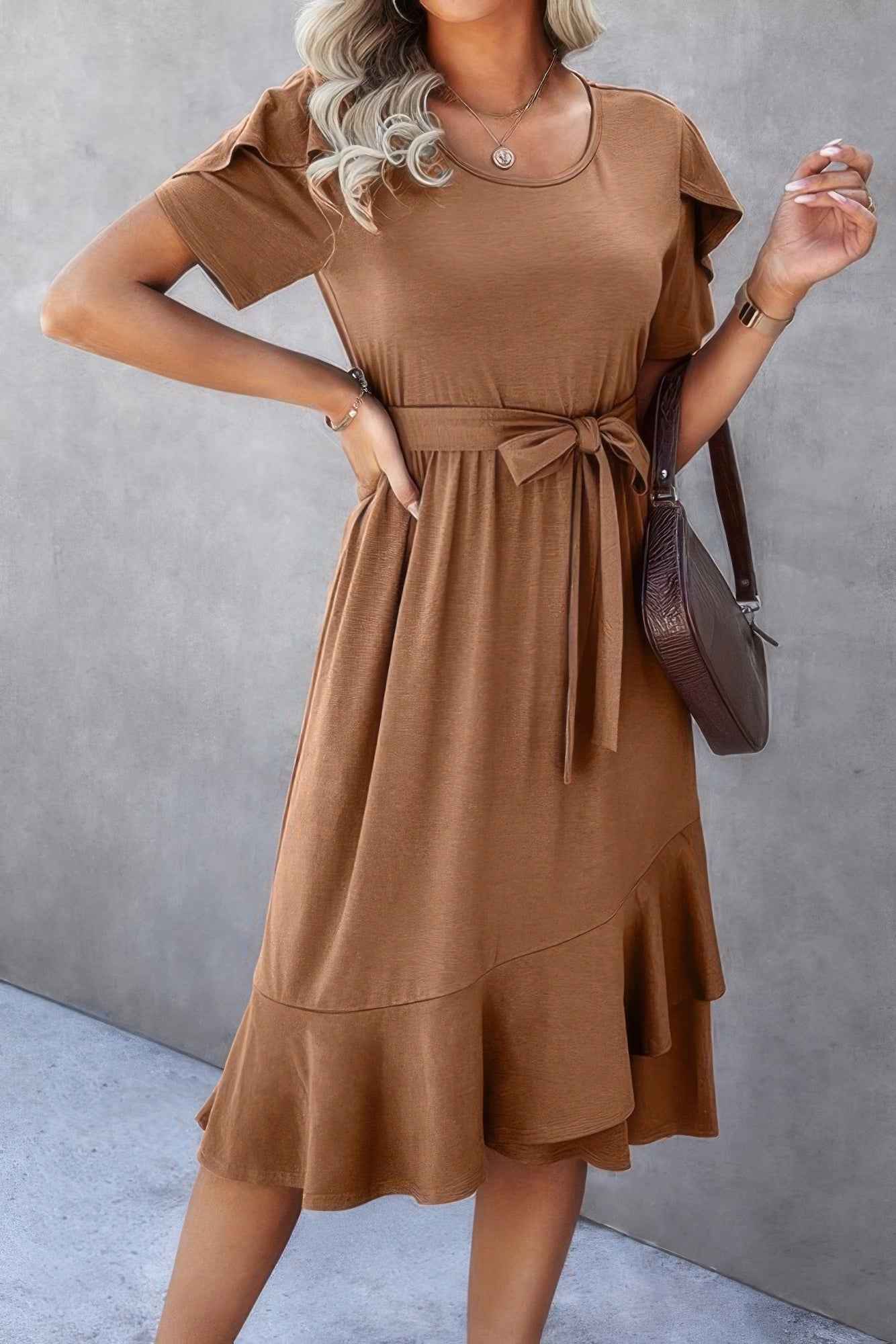 Scoop Neck Short Sleeve Solid Dress