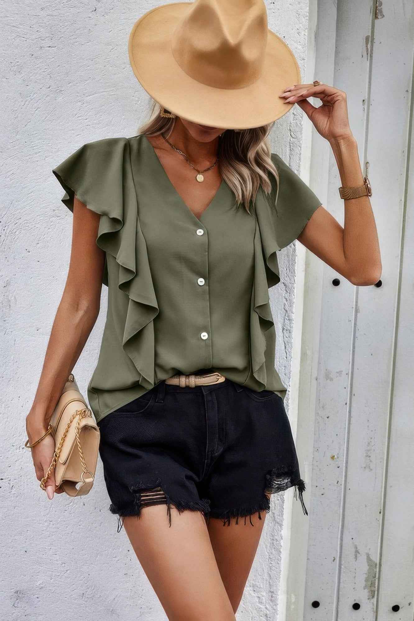 Solid Button Ruffle V Neck Fit Blouse