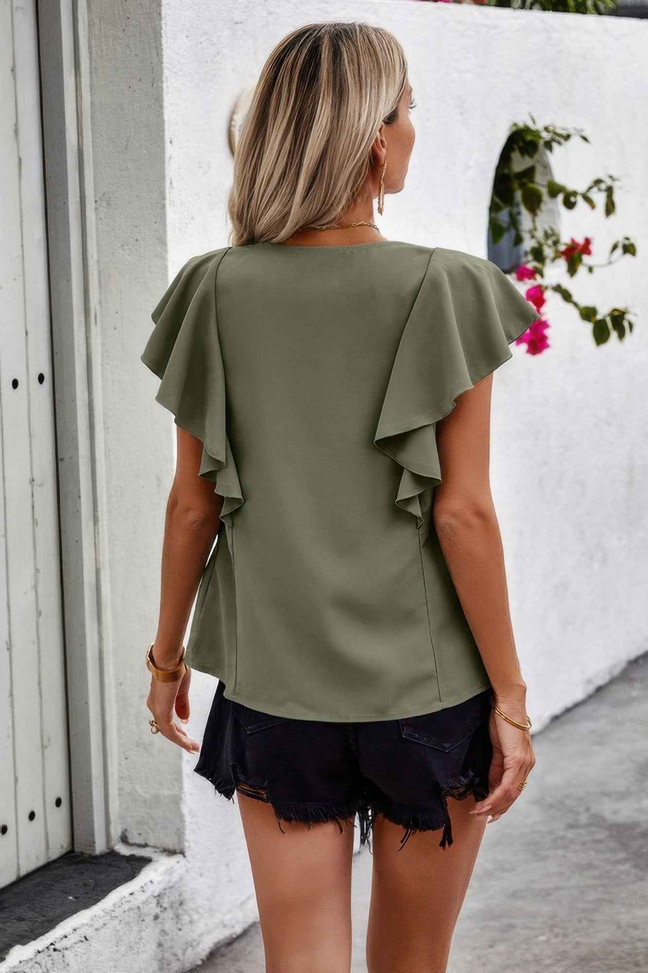 Solid Button Ruffle V Neck Fit Blouse