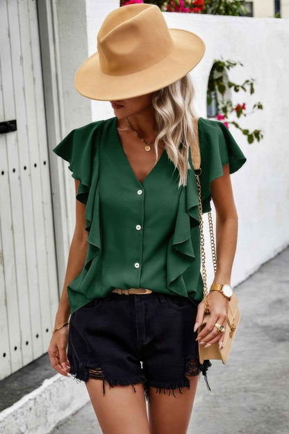 Solid Button Ruffle V Neck Fit Blouse