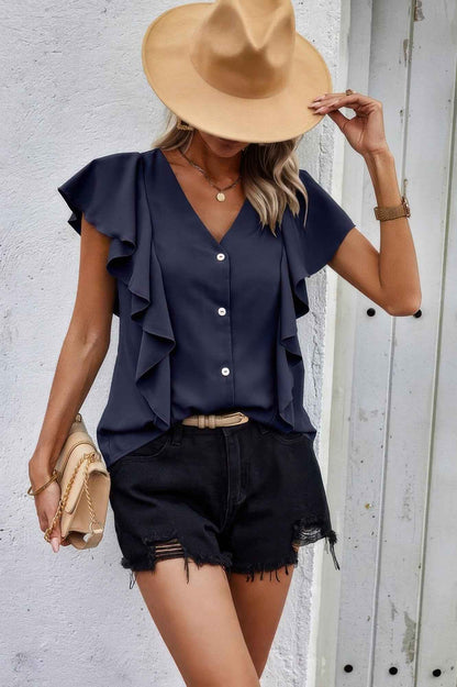 Solid Button Ruffle V Neck Fit Blouse