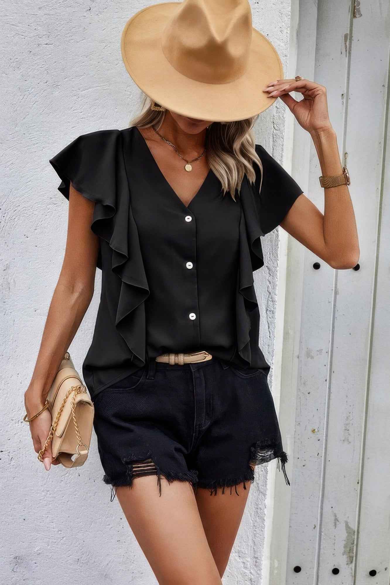 Solid Button Ruffle V Neck Fit Blouse