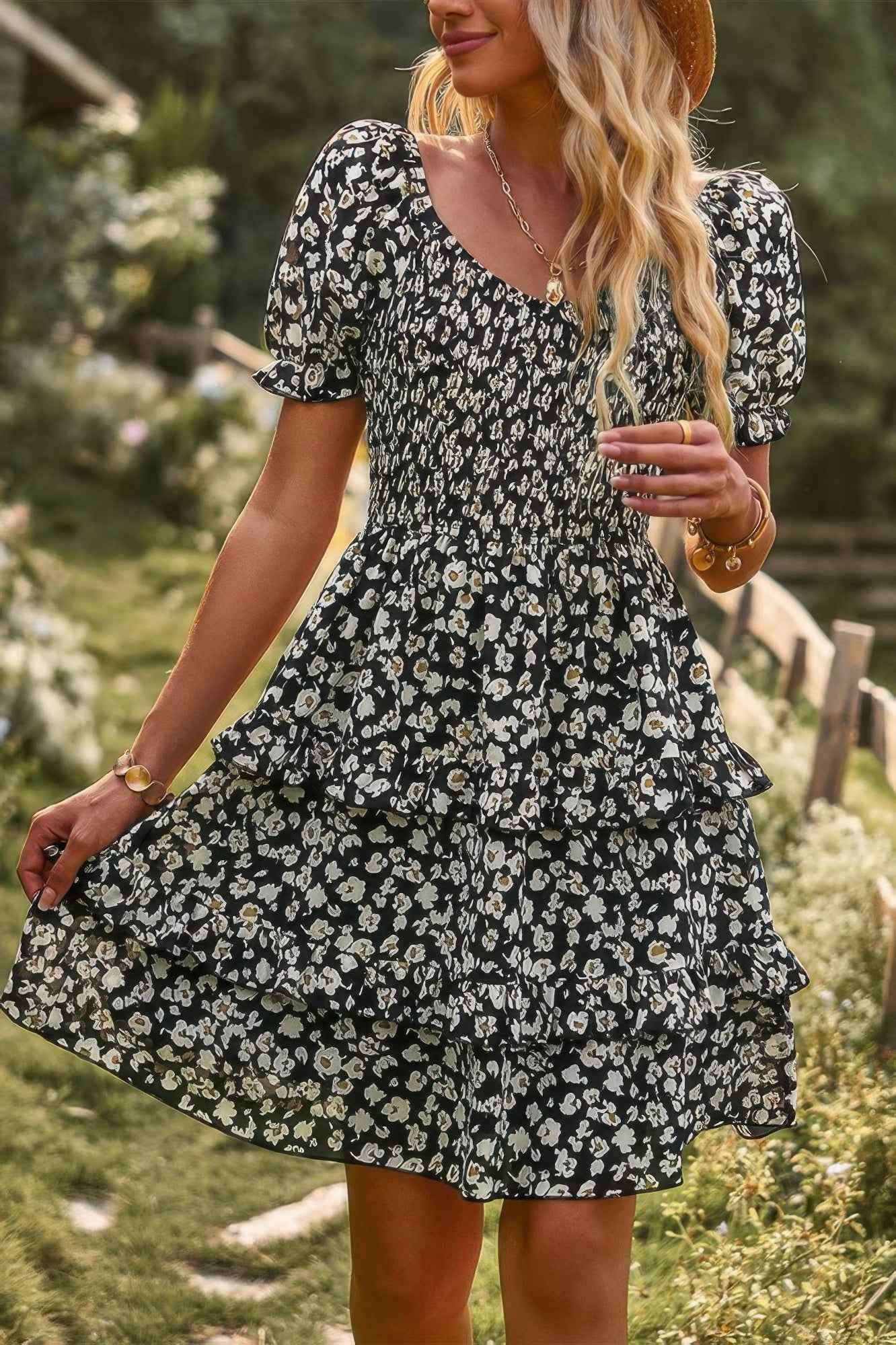 Floral Print Fit Short Sleeve A Line Dress