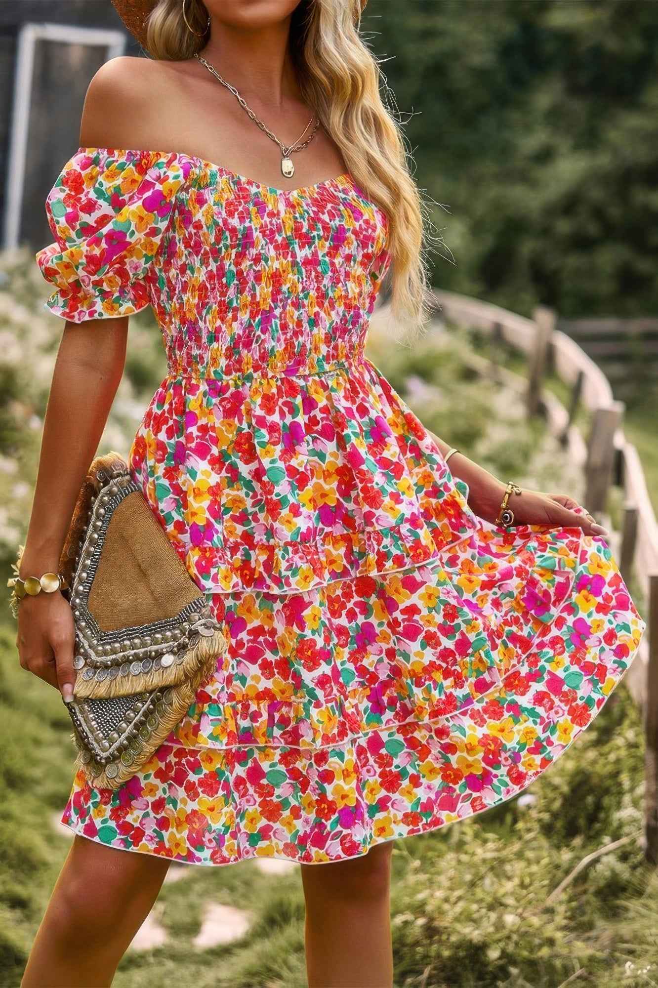 Floral Print Fit Short Sleeve A Line Dress