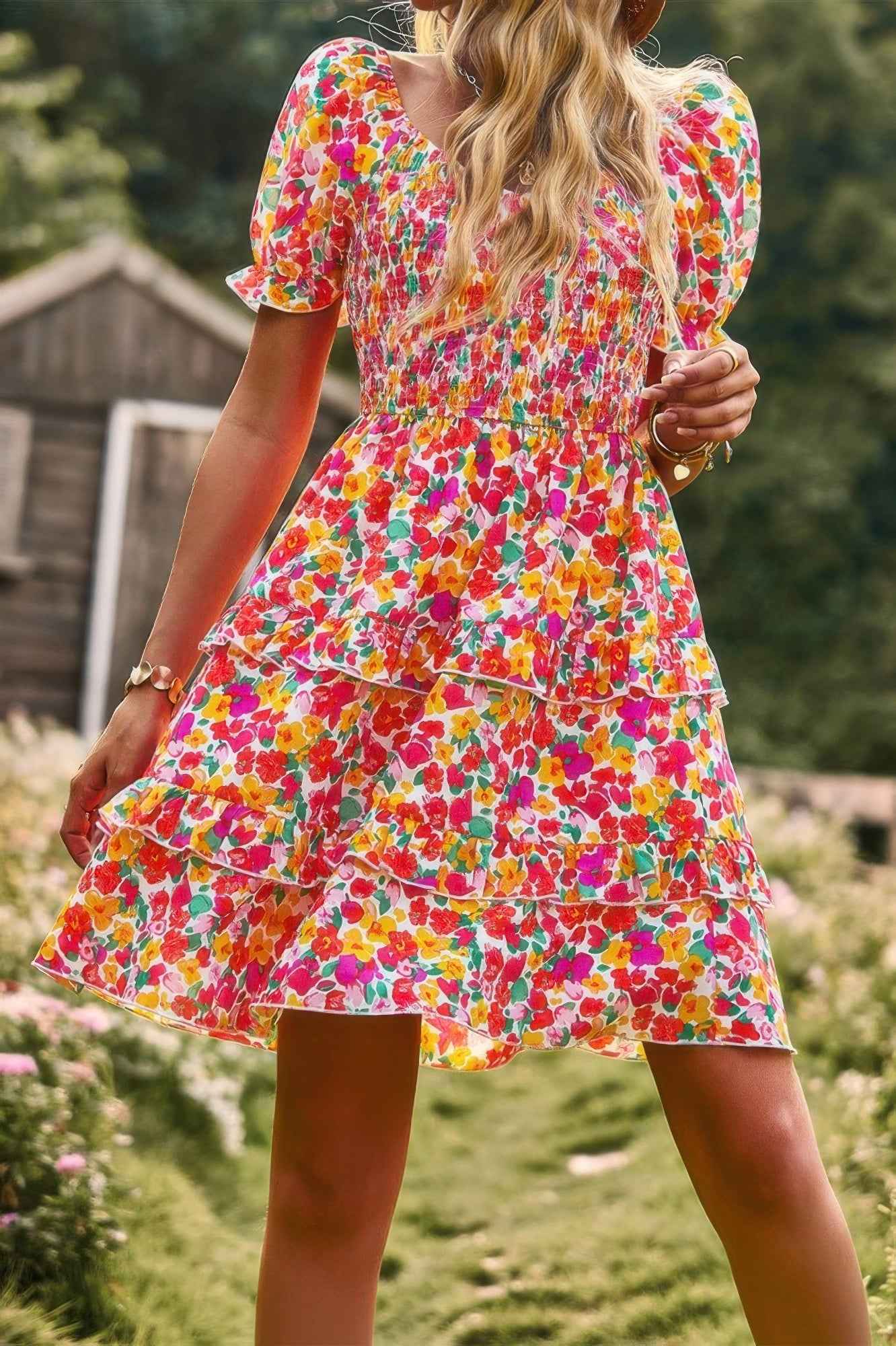 Floral Print Fit Short Sleeve A Line Dress