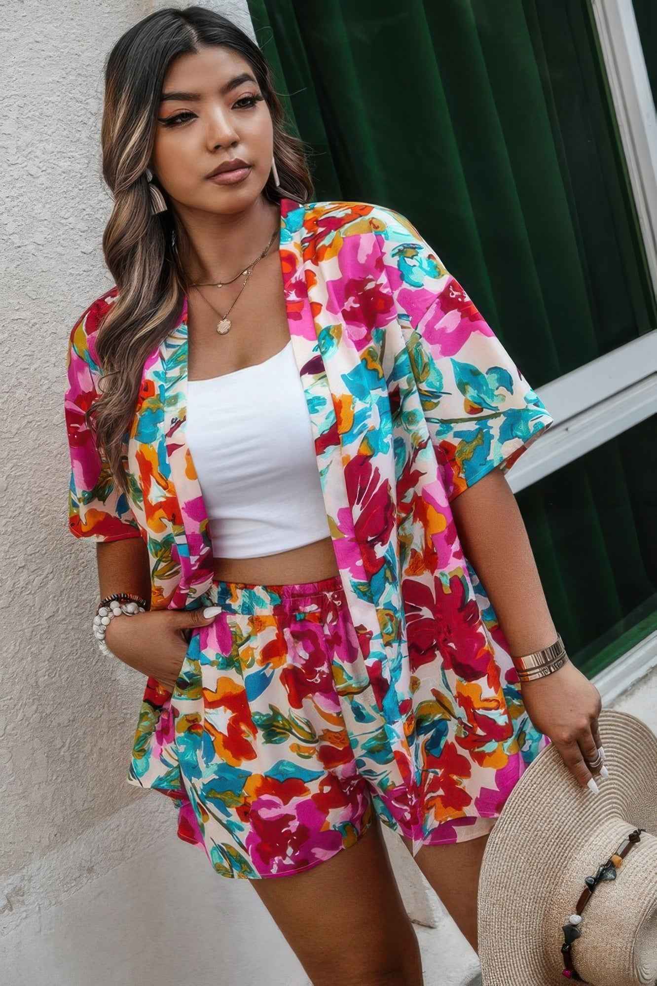 Plus Size Floral Print Open Front Shorts Sets