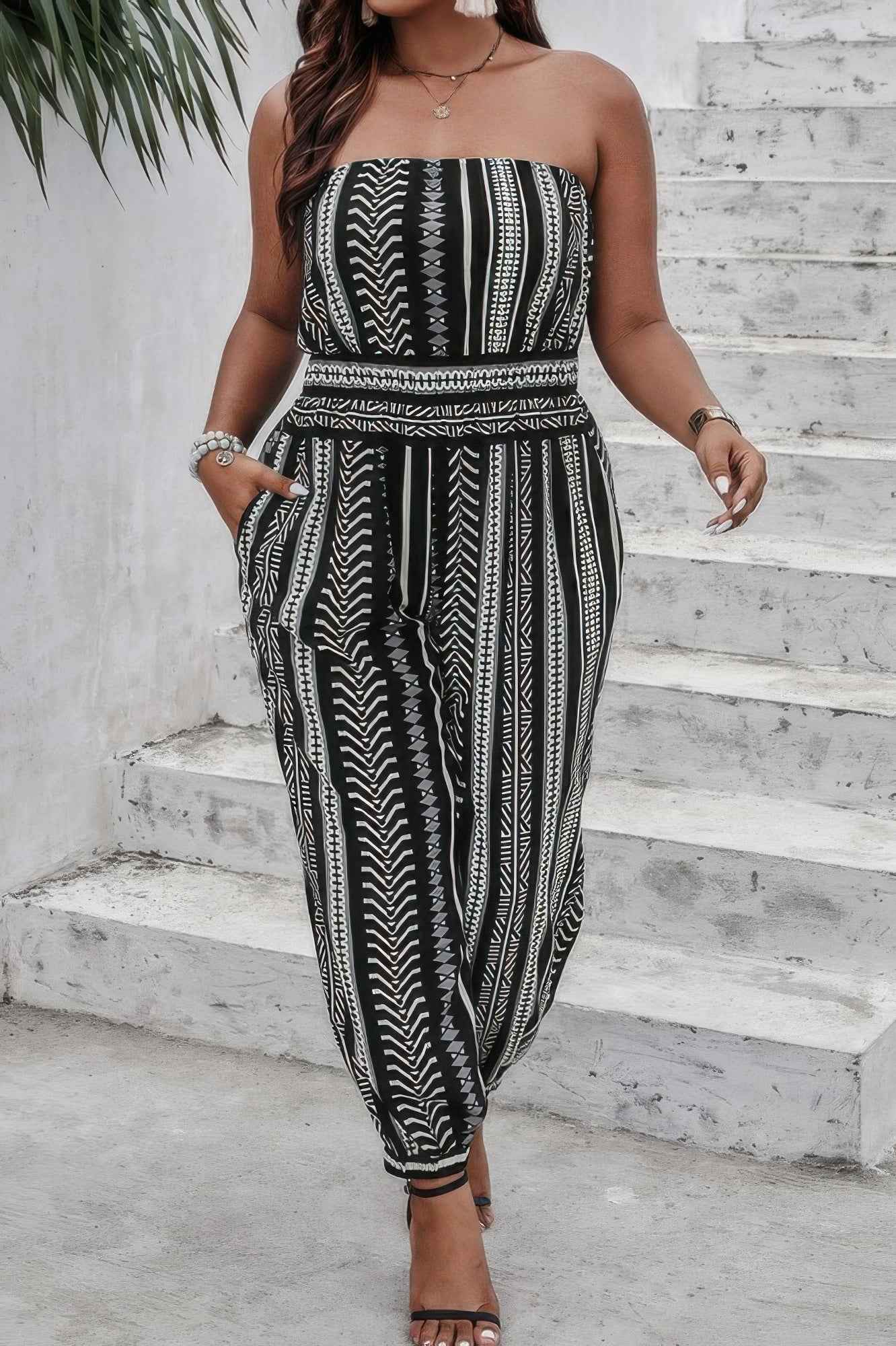 Plus Size Print Off Shoulder Sleeveless Jumpsuit