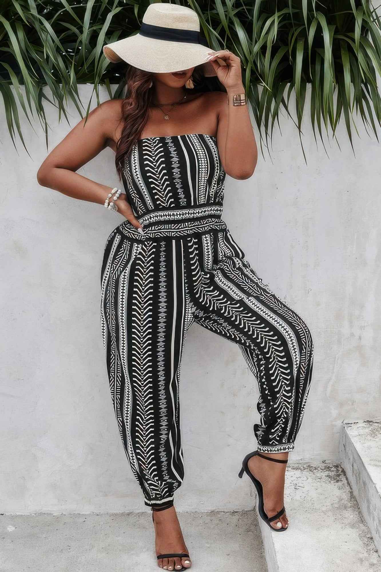 Plus Size Print Off Shoulder Sleeveless Jumpsuit