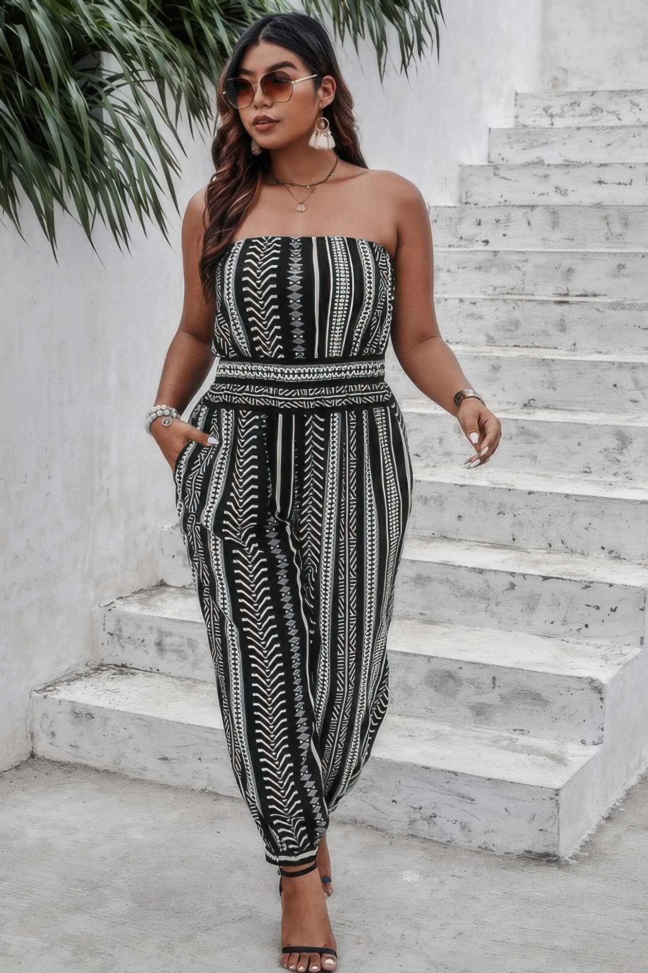 Plus Size Print Off Shoulder Sleeveless Jumpsuit