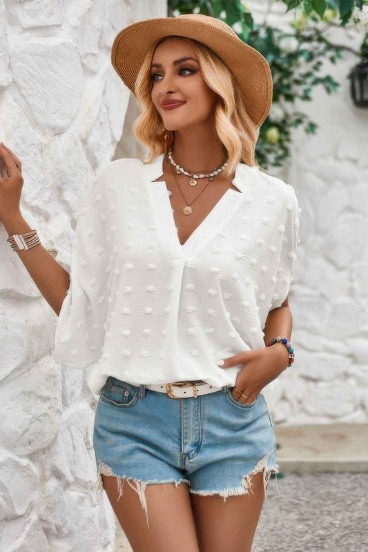 Swiss Dot V Neck Loose Half Sleeve Blouse