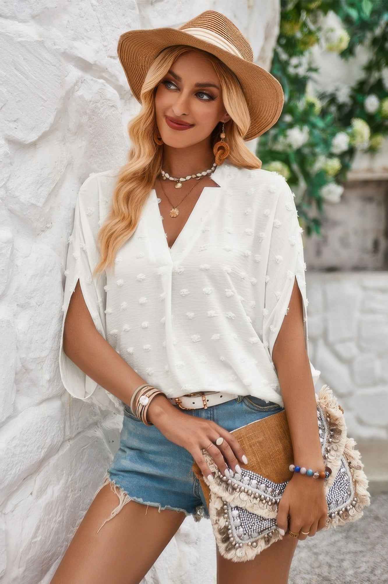 Swiss Dot V Neck Loose Half Sleeve Blouse