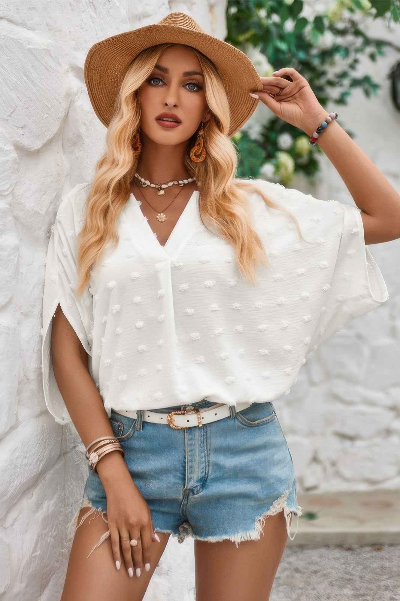 Swiss Dot V Neck Loose Half Sleeve Blouse