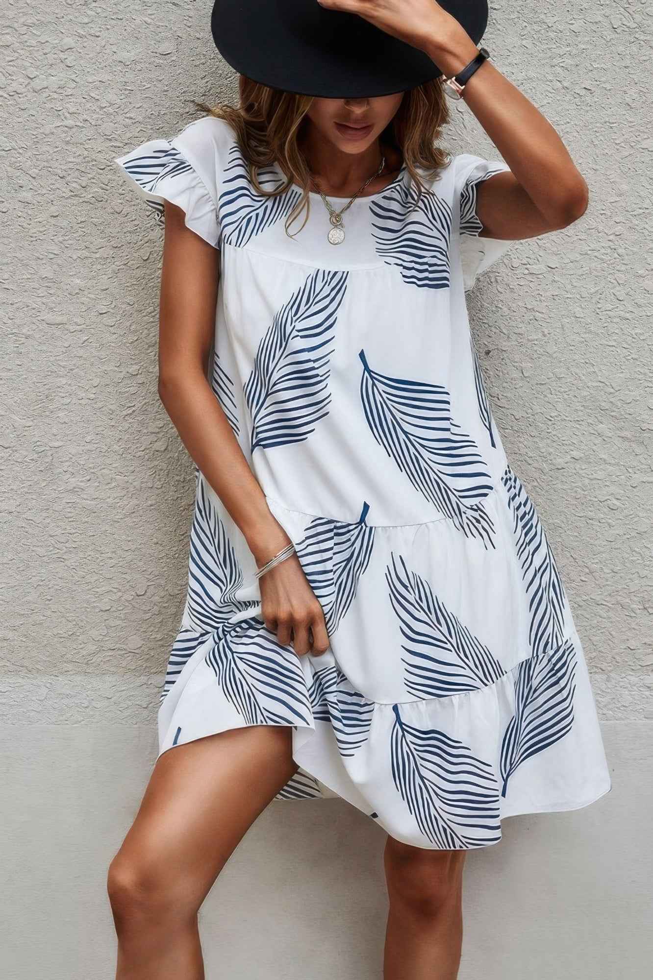 Leaf Print Loose Fit Color Block Sleeves Ruffle Dress
