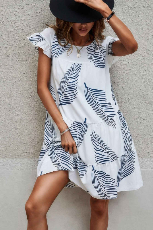 Leaf Print Loose Fit Color Block Sleeves Ruffle Dress