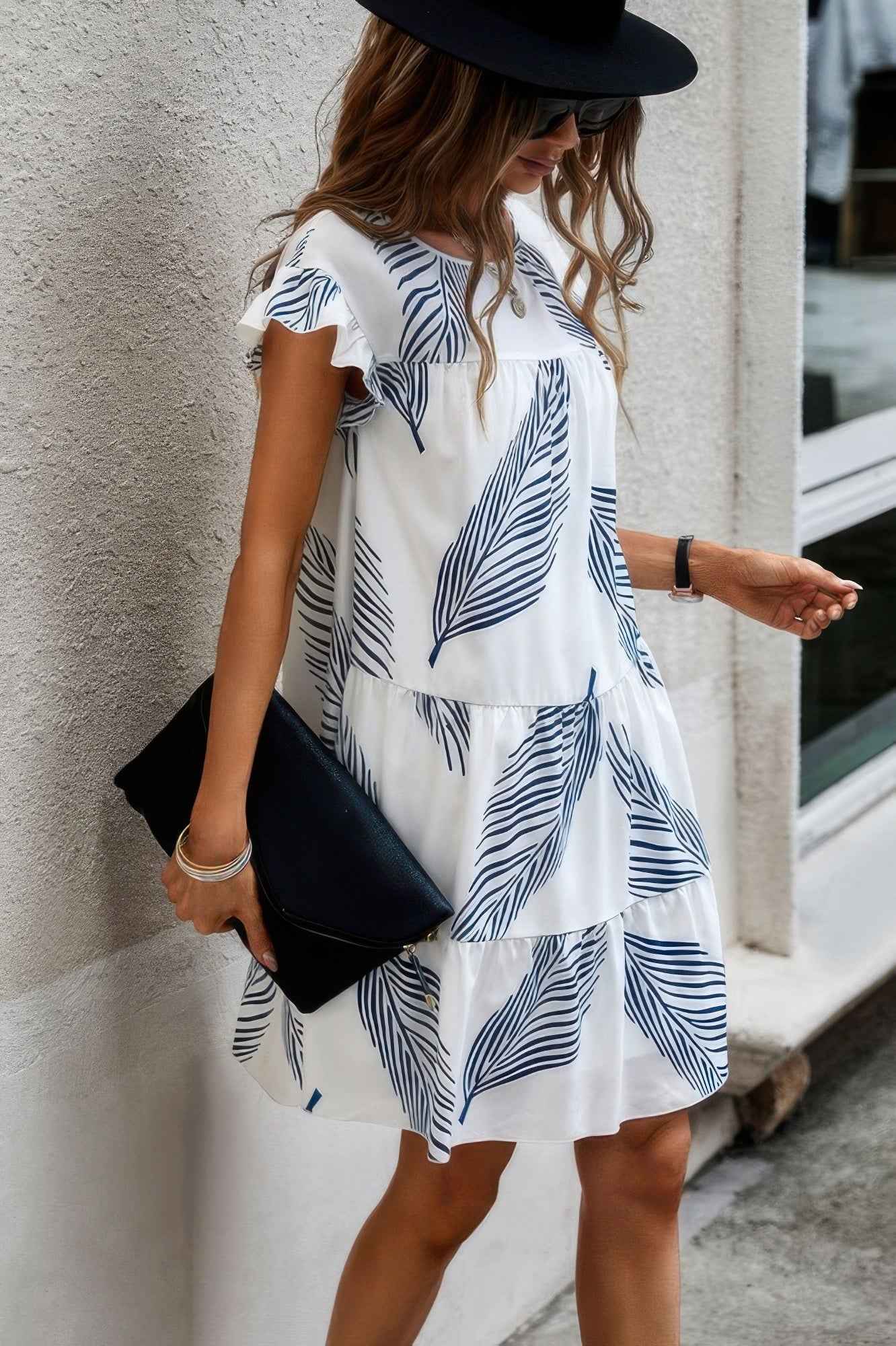 Leaf Print Loose Fit Color Block Sleeves Ruffle Dress