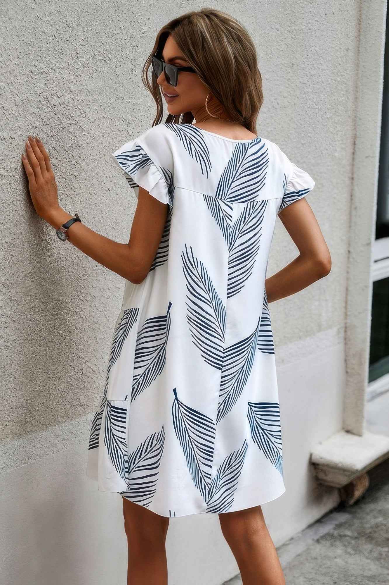 Leaf Print Loose Fit Color Block Sleeves Ruffle Dress