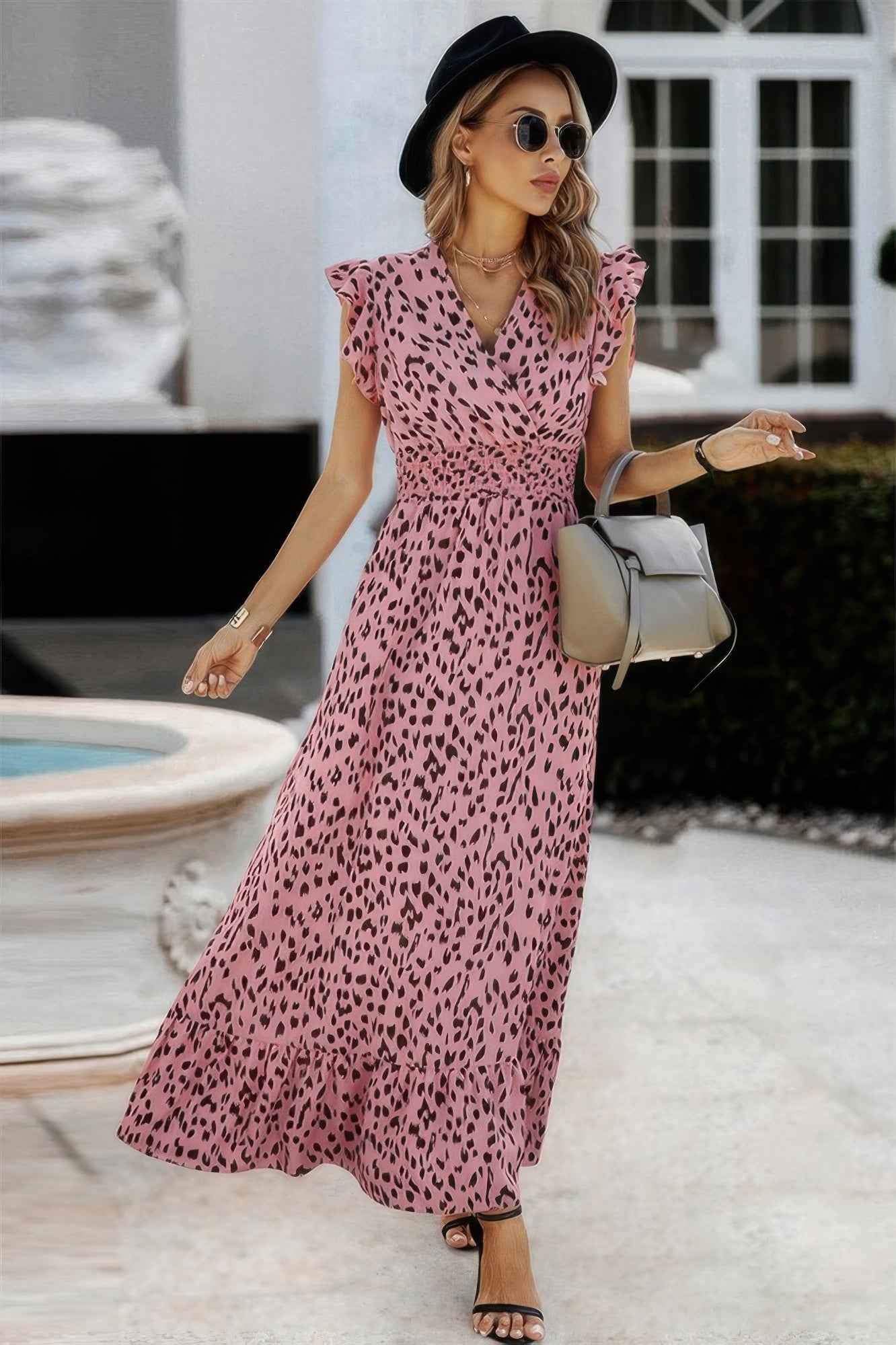 Sleeveless Tie Waist Surplice Wrap Leopard Dress