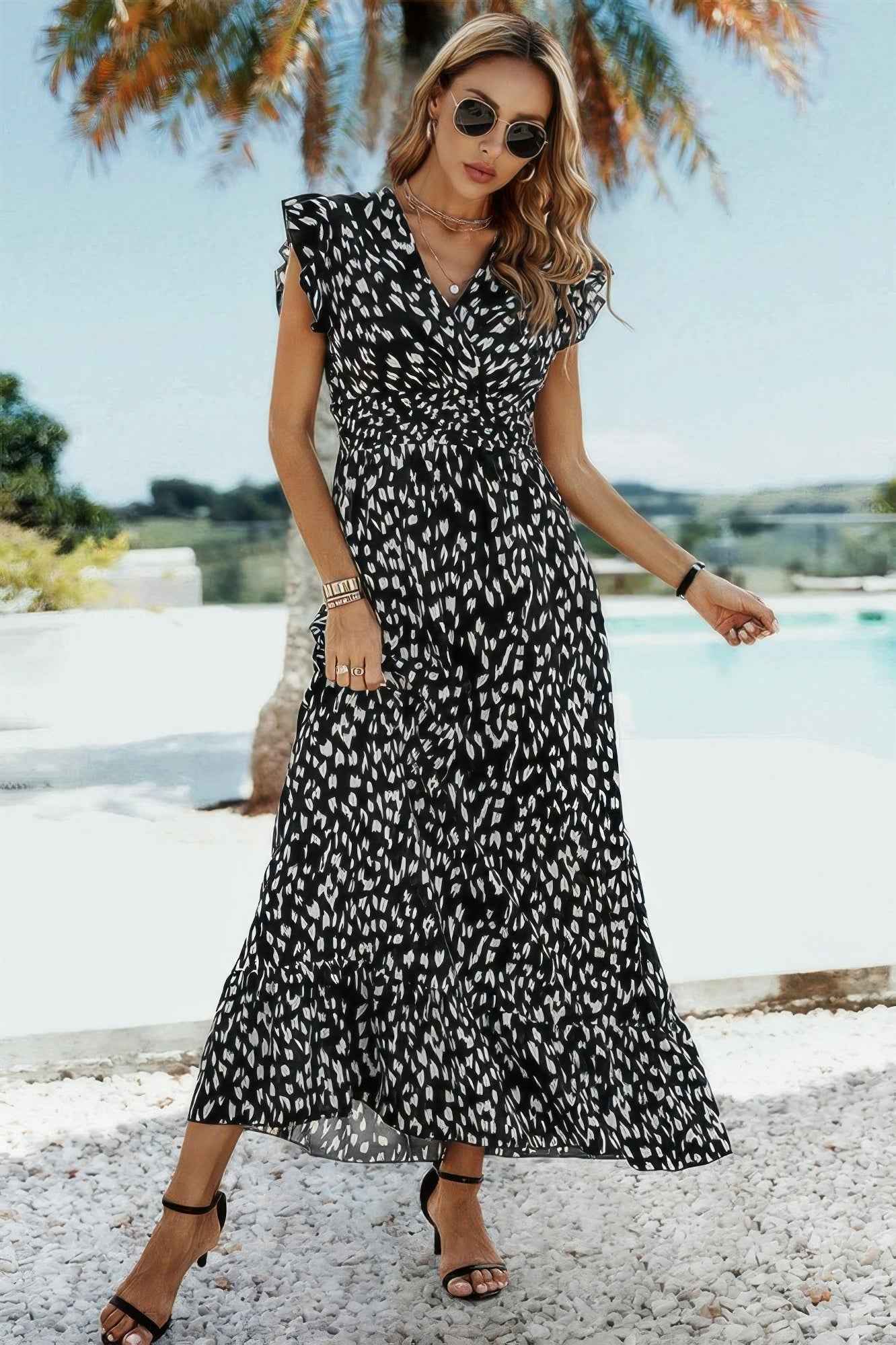 Sleeveless Tie Waist Surplice Wrap Leopard Dress